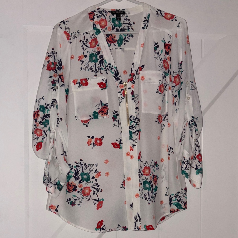 Express White Floral Button-Front Blouse